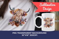 Spring Flower Highland Cow Watercolor Sublimation Design Product Image 1