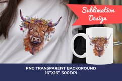 Spring Flower Highland Cow Watercolor Sublimation Design Product Image 1