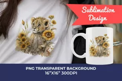 Watercolor Lion Cub and Sunflowers PNG for Sublimation Product Image 1