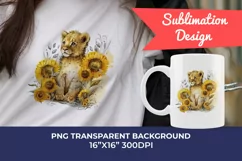 Watercolor Lion Cub and Sunflowers PNG for Sublimation Product Image 1