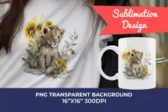 Watercolor Lion Cub and Sunflowers PNG for Sublimation Product Image 1