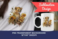 Watercolor Lion Cub and Sunflowers PNG for Sublimation Product Image 1