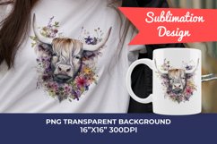 Spring Flower Highland Cow Watercolor Sublimation Design Product Image 1