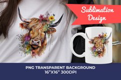 Spring Flower Highland Cow Watercolor Sublimation Design Product Image 1