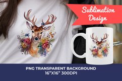 Spring Flower Deer Watercolor PNG Sublimation Design Product Image 1