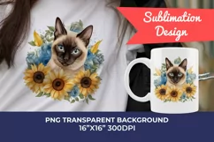 Siamese Cat and Sunflowers Watercolor PNG for Sublimation Product Image 1