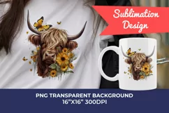 Highland Cow with Sunflowers Watercolor PNG for Sublimation Product Image 1