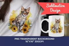 Bengal Cat and Sunflowers Watercolor Clipart PNG Sublimation Product Image 1