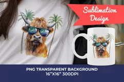 Summer Vibes Highland Cow Watercolor PNG for Sublimation Product Image 1