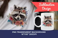 Cute Raccoon with Flowers Watercolor PNG for Sublimation Product Image 1