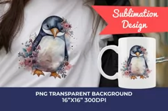 Cute Penguin and Flowers Watercolor PNG for Sublimation Product Image 1