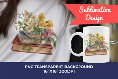 Vintage Books and Flowers Watercolor PNG for Sublimation Product Image 1