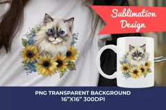 Ragdoll Cat and Sunflowers Watercolor PNG for Sublimation Product Image 1