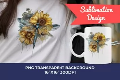 Watercolor Dragonfly and Sunflowers PNG for Sublimation Product Image 1