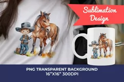 Little Cowboy and His Horse Watercolor PNG for Sublimation Product Image 1