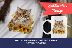 Persian Cat and Sunflowers Watercolor PNG for Sublimation Product Image 1