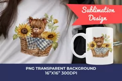 Cute Baby Highland Cow and Sunflowers Watercolor Sublimation Product Image 1