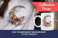 Moon Butterfly and Flowers Watercolor PNG for Sublimation Product Image 1