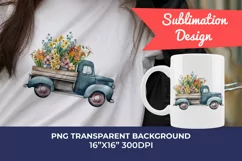 Vintage Truck and Spring Flowers Watercolor PNG Sublimation Product Image 1