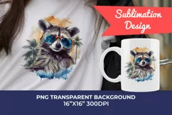 Summer Vibes Raccoon Watercolor PNG for Sublimation Product Image 1