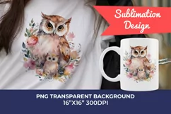 Mother and Baby Owl Watercolor Clipart - Sublimation PNG Product Image 1