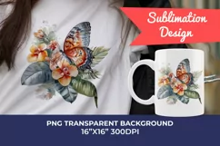 Watercolor Butterflies with Tropical Flowers PNG Sublimation Product Image 1