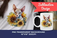 Sphynx Cat and Sunflowers Watercolor PNG for Sublimation Product Image 1