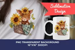 Cute Baby Highland Cow and Sunflowers Watercolor Sublimation Product Image 1