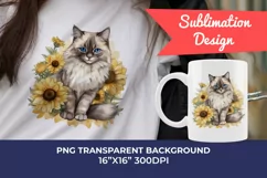 Ragdoll Cat and Sunflowers Watercolor PNG for Sublimation Product Image 1