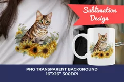 Bengal Cat and Sunflowers Watercolor Clipart PNG Sublimation Product Image 1