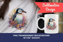 Cute Penguin and Flowers Watercolor PNG for Sublimation Product Image 1