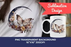Moon Butterfly and Flowers Watercolor PNG for Sublimation Product Image 1