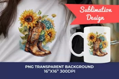 Watercolor Western Boots and Sunflowers PNG for Sublimation Product Image 1