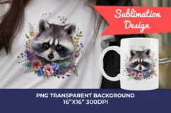 Cute Raccoon with Flowers Watercolor PNG for Sublimation Product Image 1