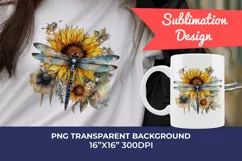 Watercolor Dragonfly and Sunflowers PNG for Sublimation Product Image 1