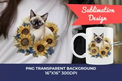 Siamese Cat and Sunflowers Watercolor PNG for Sublimation Product Image 1