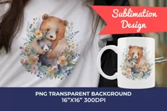 Watercolor Mother and Baby Bear PNG for Sublimation Product Image 1