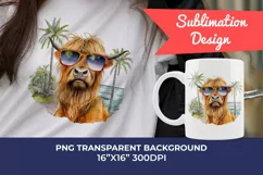 Summer Vibes Highland Cow Watercolor PNG for Sublimation Product Image 1