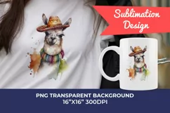 Cute Llama Wearing Sombrero Watercolor PNG for Sublimation Product Image 1