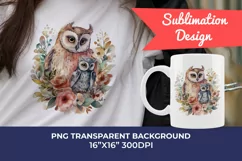 Mother and Baby Owl Watercolor Clipart - Sublimation PNG Product Image 1
