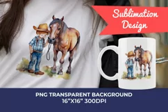 Little Cowboy and His Horse Watercolor PNG for Sublimation Product Image 1