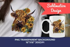 Highland Cow with Sunflowers Watercolor PNG for Sublimation Product Image 1