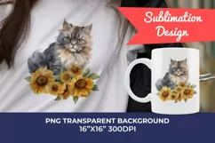 Persian Cat and Sunflowers Watercolor PNG for Sublimation Product Image 1