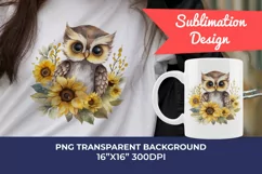 Cute Baby Owl and Sunflowers Watercolor PNG for Sublimation Product Image 1