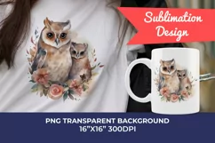 Mother and Baby Owl Watercolor Clipart - Sublimation PNG Product Image 1