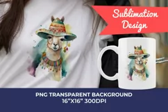 Cute Llama Wearing Sombrero Watercolor PNG for Sublimation Product Image 1
