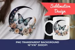 Moon Butterfly and Flowers Watercolor PNG for Sublimation Product Image 1