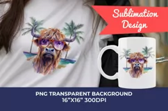Summer Vibes Highland Cow Watercolor PNG for Sublimation Product Image 1