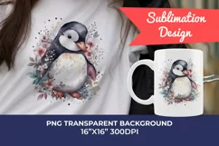 Cute Penguin and Flowers Watercolor PNG for Sublimation Product Image 1