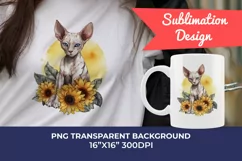 Sphynx Cat and Sunflowers Watercolor PNG for Sublimation Product Image 1